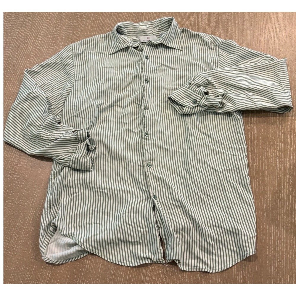 Bobby Chan Men's Silk Blend Green White Striped Button Front Shirt Size L